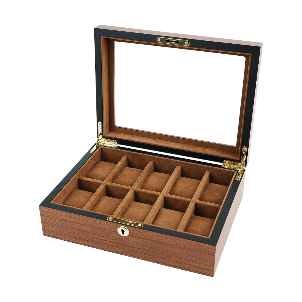 Permanent Wooden Watch Case For 6 10 Or 12 Watches Includes See Through Cover And Gentle Cushioning Display Holder