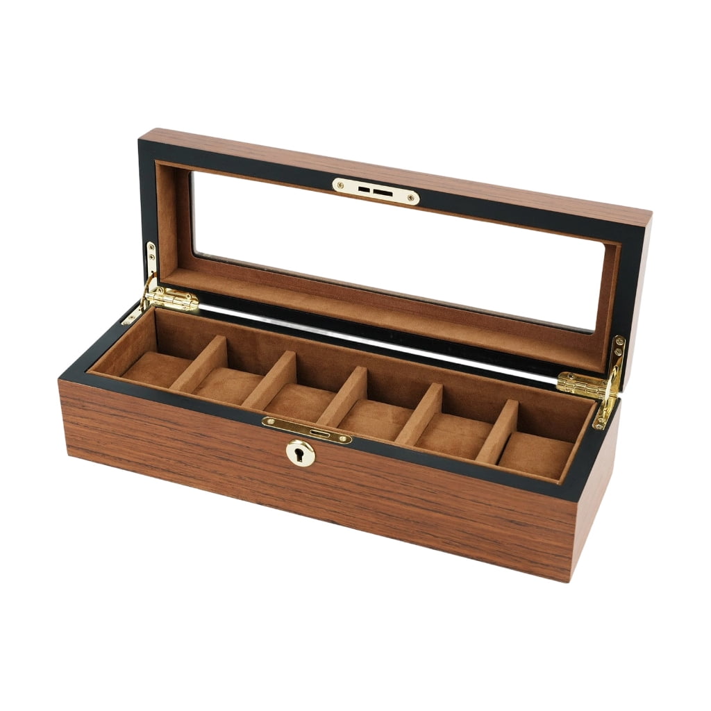Permanent Wooden Watch Case For 6 10 Or 12 Watches Includes See Through Cover And Gentle Cushioning Display Holder