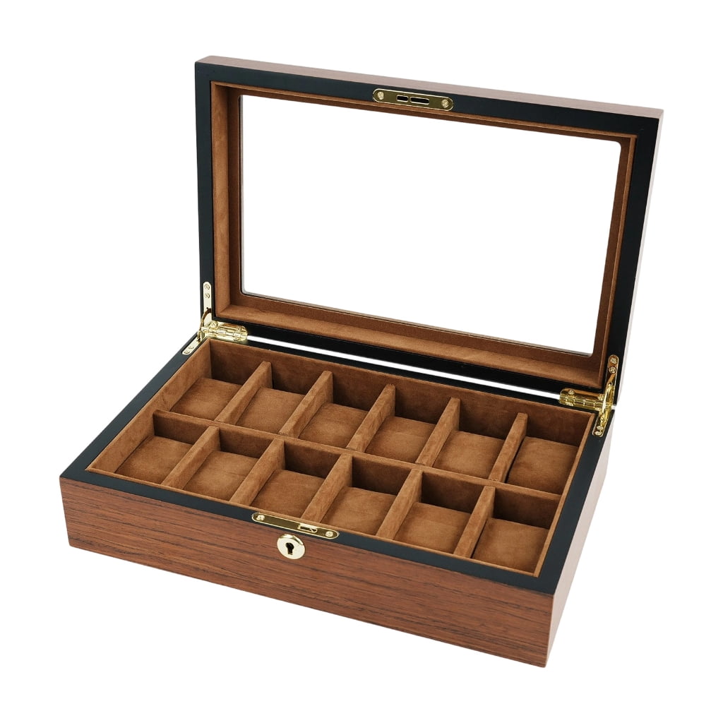 Permanent Wooden Watch Case For 6 10 Or 12 Watches Includes See Through Cover And Gentle Cushioning Display Holder