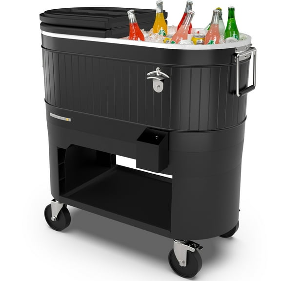 Permasteel 120-QT Outdoor Portable Patio Cooler Ice Chest with 2 Drink Dividers, Swivel Caster Wheels, Heavy-Duty Handles, Black