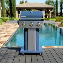 Permasteel 3-Burner Gas Grill, Compact Propane Grill, Outdoor BBQ, Foldable Side Tables, Azure Blue