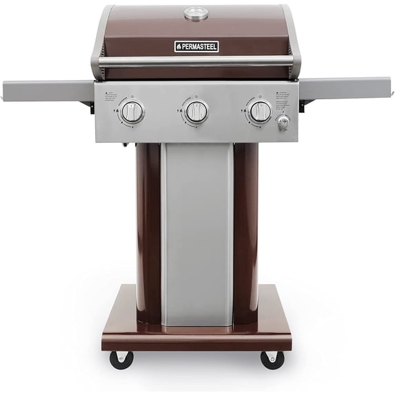Permasteel 3-Burner Gas Grill, Compact Propane Grill, Outdoor BBQ, Foldable Side Tables, Mocha Brown