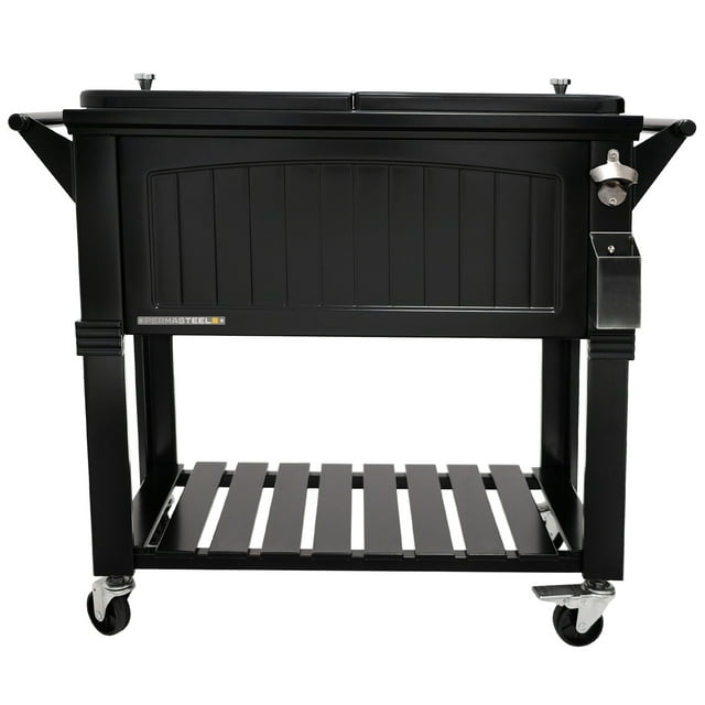 Permasteel 80-Qt Antique Outdoor Steel Patio Cooler on Wheels, Rolling Cooler Cart, Wooden Teak Style, Black