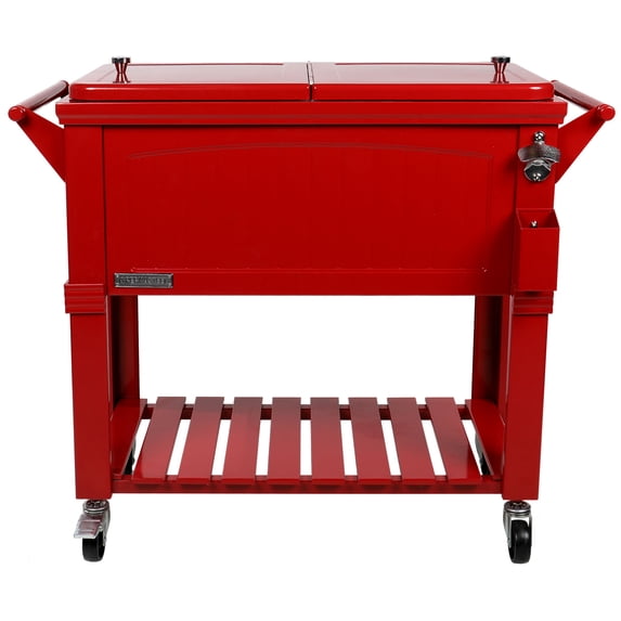 Permasteel 80-Qt Antique Outdoor Steel Patio Cooler on Wheels, Rolling Cooler Cart, Wooden Teak Style, Red