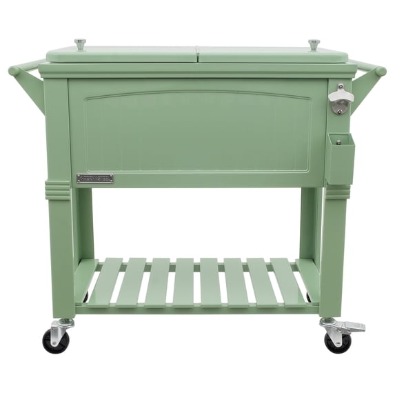 Permasteel 80-Qt Antique Outdoor Steel Patio Cooler on Wheels, Rolling Cooler Cart, Wooden Teak Style, Sage