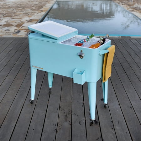 Permasteel 80-Qt Classic Outdoor Steel Patio Cooler on Wheels, Beverage Rolling Cart, Turquoise