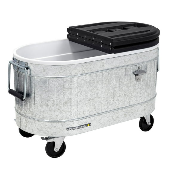 Permasteel Galvanized Cooler with Wheels, Offers 36-Hours Of Ice Retention, Fits Up To 110 Cans (or 24 Wine Bottles), Heavy Duty Casters, Threaded Drain Plug, Built-In Bottle Opener
