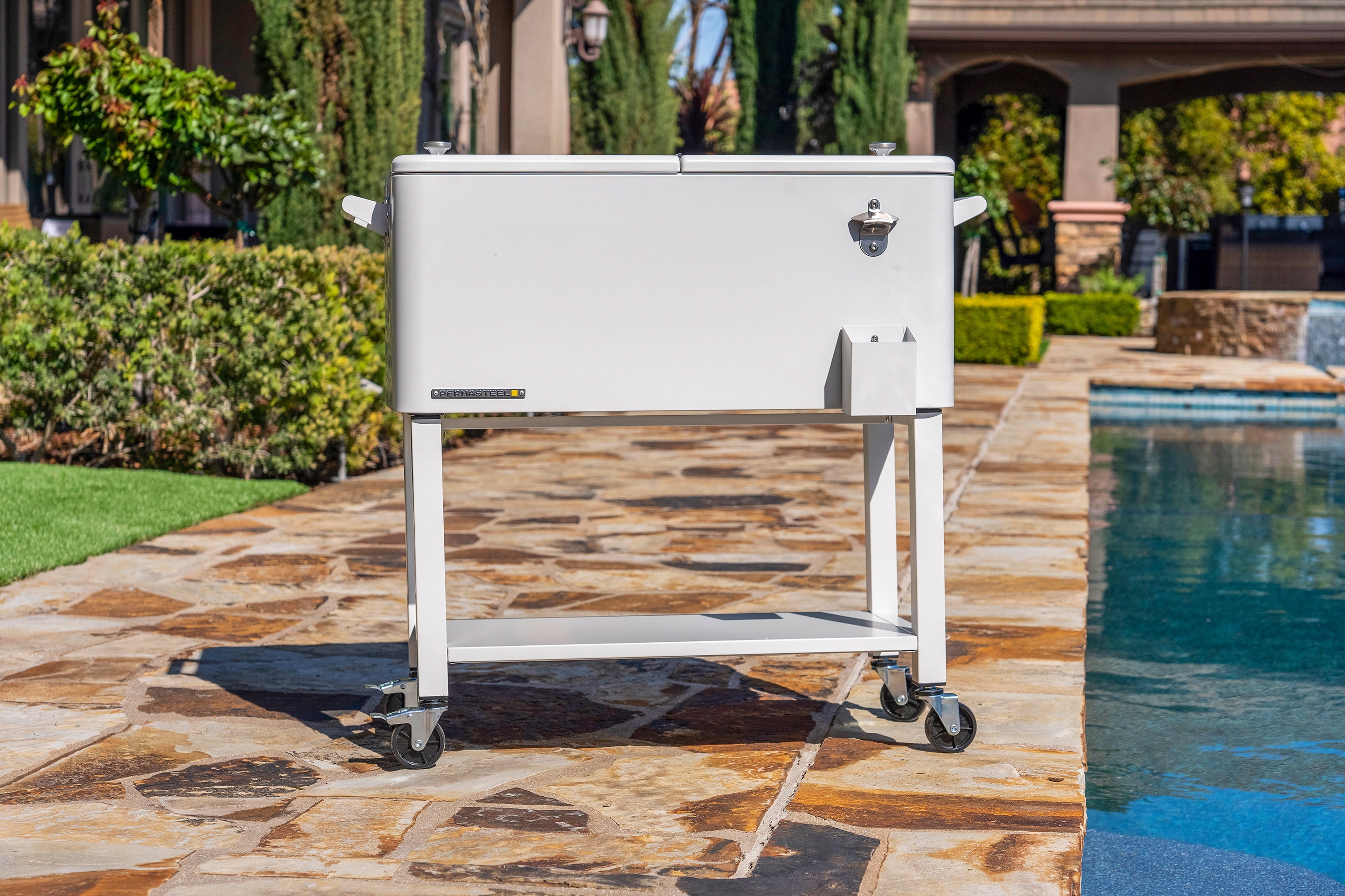 White Powder-Coated Steel 80-Quart Rolling Outdoor Patio Cooler with Wheels