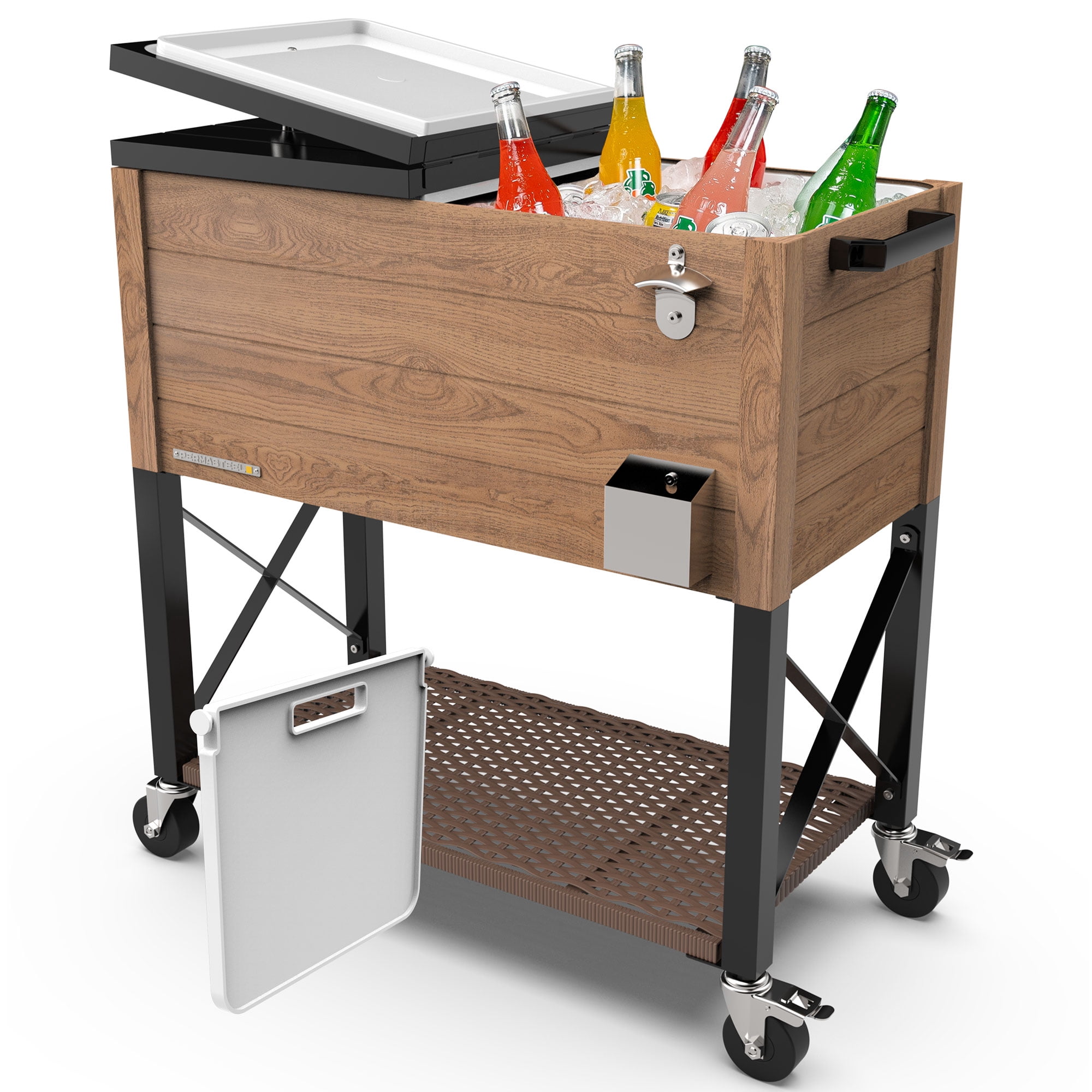 Permasteel 80-Qt Rolling Party Cooler with Divider, 36-Hour Chill, Spacious Ice Chest for Indoor/Outdoor Events, Wood Grain Finish, Wicker Shelf, Durable Design, Brown