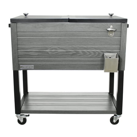 Permasteel 80 Quart Patio Cooler with Wheels, Rolling Outdoor Cooler, Wood Grain Accent, Gray