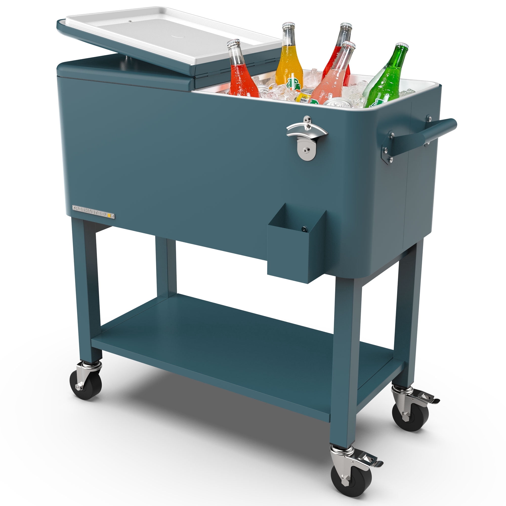 Permasteel 80-Qt Party Cooler with Divider, Removable Basin, Chills 36hrs, Serving Tray, Rolling Steel Ice Chest for Indoor & Outdoor, Matte Teal