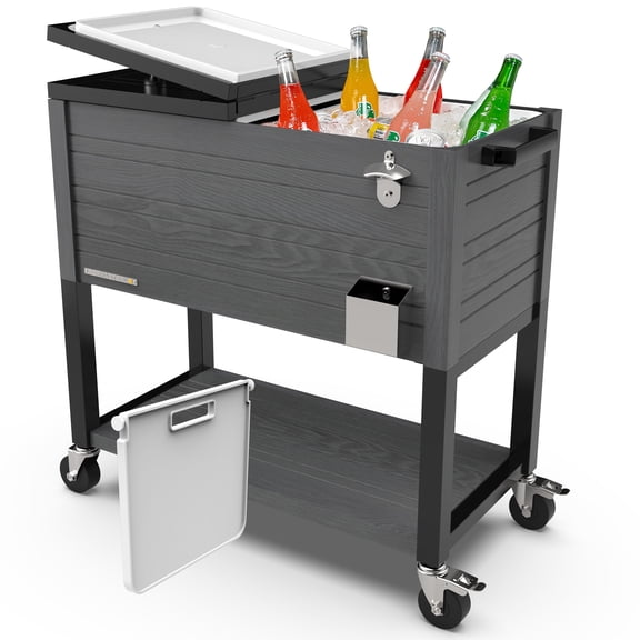 Permasteel Party Cooler with Divider, Spacious 80-Qt Capacity, Chills 36hrs, Rolling Ice Chest for Indoor and Outdoor Entertainment, Wood Grain Finish, Gray