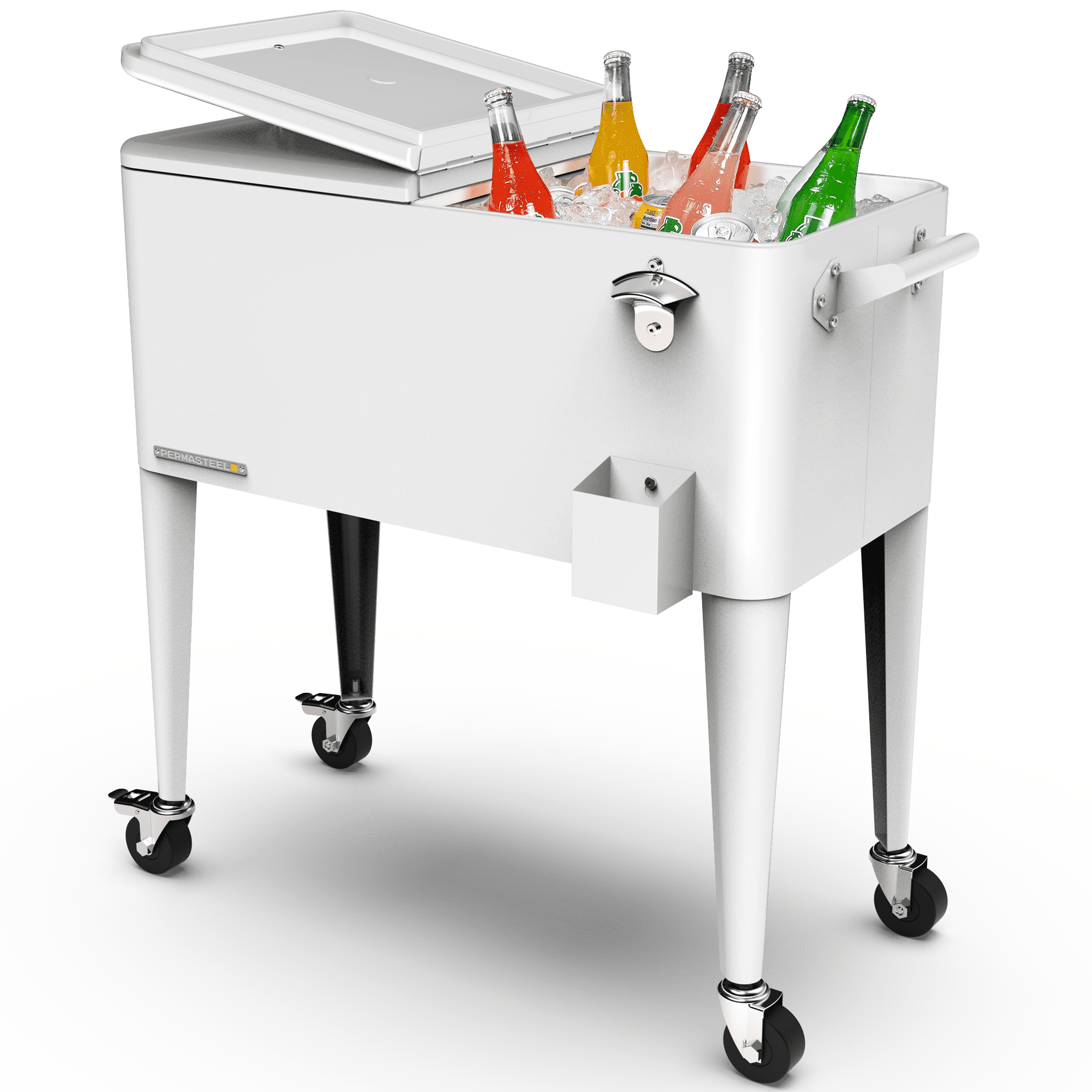 Permasteel Party Cooler with Divider, Spacious 80-Qt Capacity, Chills 36hrs, Serving Tray, Rolling Ice Chest for Indoor and Outdoor Entertainment, Matte White