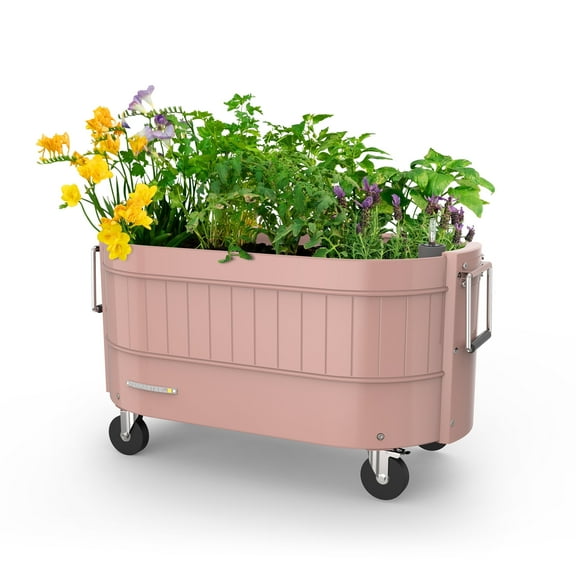 Permasteel Self-Watering Garden Bed, Rolling Planter for Vegetables, Flowers, Herbs, and Fruit, Outdoor Indoor, Caster Wheels, Pink