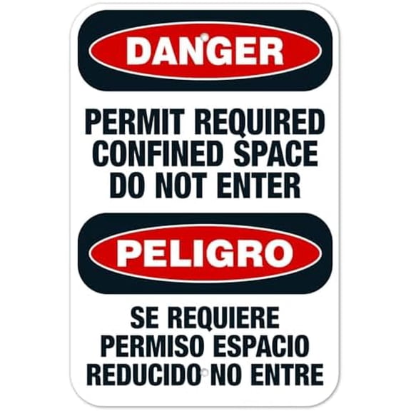 Permit Required Confined Space Do Not Enter Bilingual Danger Metal Sign 8 x 12 Inch for Industrial Area, Office Building, School Campus