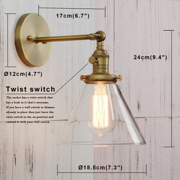 Permo Industrial Vintage Single Sconce with Funnel Flared Glass Clear Glass Shade Wall Lamp Bathroom Vanity Light Fixture (Antique)