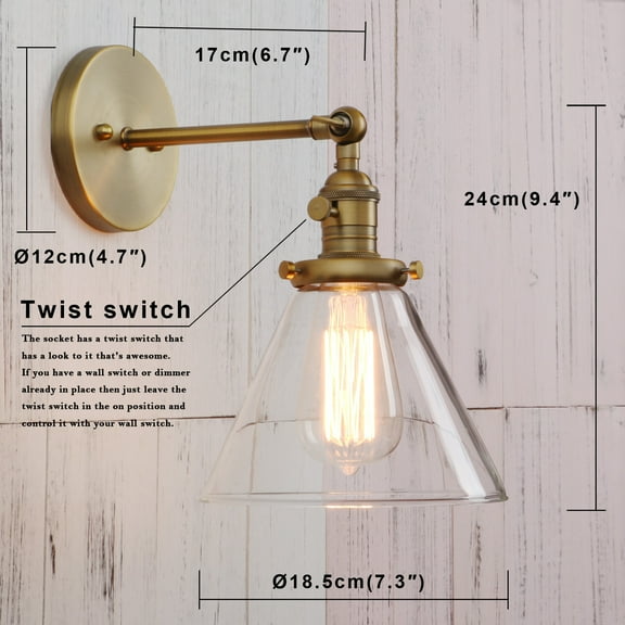 Permo Industrial Vintage Single Sconce with Funnel Flared Glass Clear Glass Shade Wall Lamp Bathroom Vanity Light Fixture (Antique)
