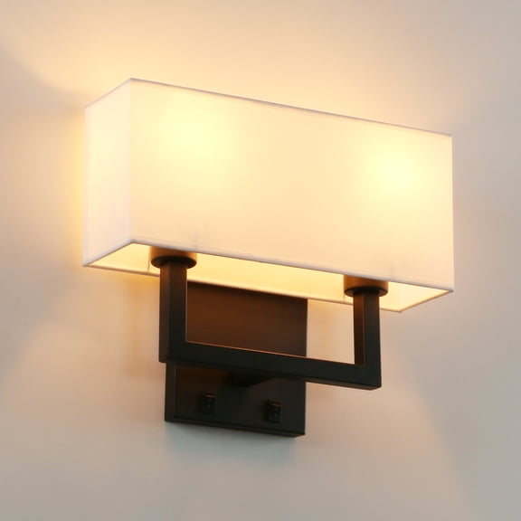 Permo Industrial Wall Sconce White Fabric Shade Light Fixture w On/Off Switch for Living Room Bedroom Bedside (Black)