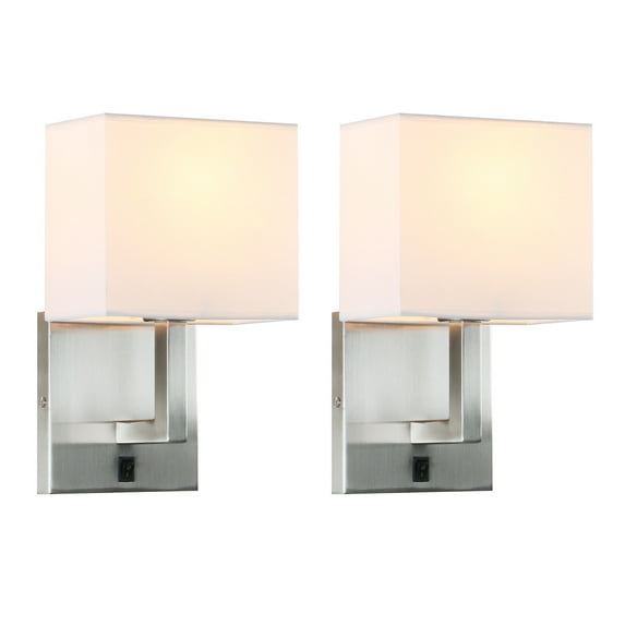Permo Set of 2 Industrial Wall Sconce White Fabric Shade Light Fixture Bedroom Bedside Nightstand Lamp w On/Off Switch(Brushed)