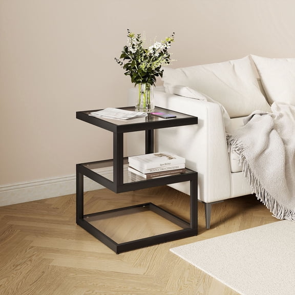 Permory S-Shaped 3-Tier Tempered Glass Side Table, Square Tabletop Black Metal Frame End Table with RGB LED Strip Lights, Modern Accent Furniture for Living Room & Bedroom