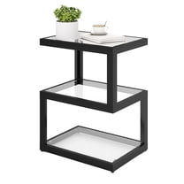 Permory 3-Tier Glass End Table with DIY LED Strip, Modern Minimalist Side Table Metal S-Shaped Design, Unique Home Decor