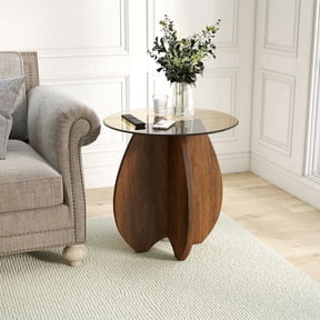 Permory Glass Side Table, Brown MDF Frame Accent End Table with Amber Tempered Glass Top, Mortise and Tenon Joint, Screwless Tool-Free Assembly, Modular Table for Living Room, Combine to Coffee Table