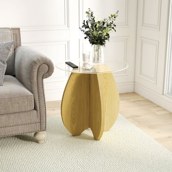 Permory Glass Side Table,Clear Tempered Glass Top Natural MDF Frame, Screwless Tool‑Free Assembly, Modular Accent End Table for Living Room, 19.6"D x 19.6"W x 20"H