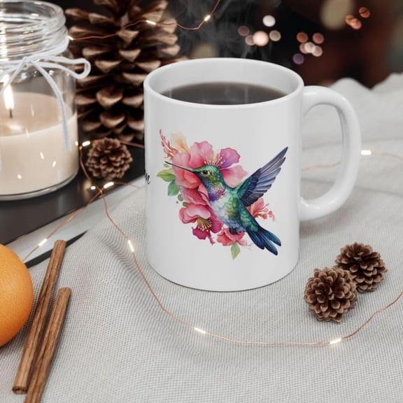 Pernalized Floral Hummingbird Mug Custom Name Coffee Mug.