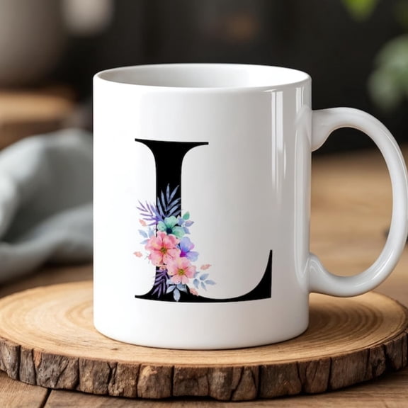 Pernalized Initial L Mug with Floral Custom Monogram Coffee Cup Gift Her Birthday Wedding Housewarming.
