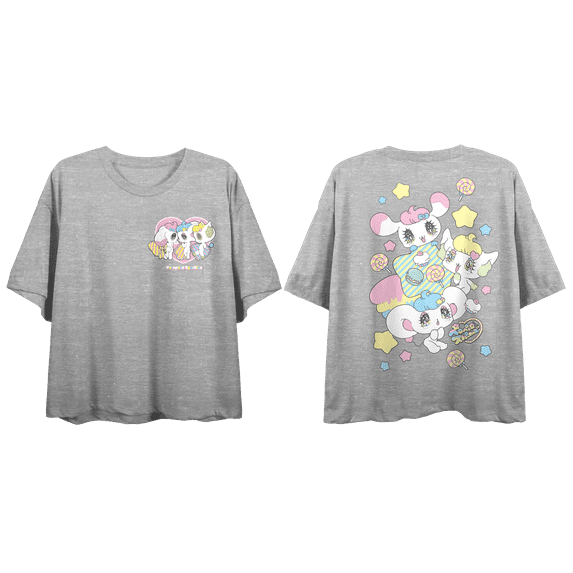 PeroPero Sparkles Group Shot With Hearts & Candies Crew Neck Short Sleeve Gray Heather Women's Crop Top-Small
