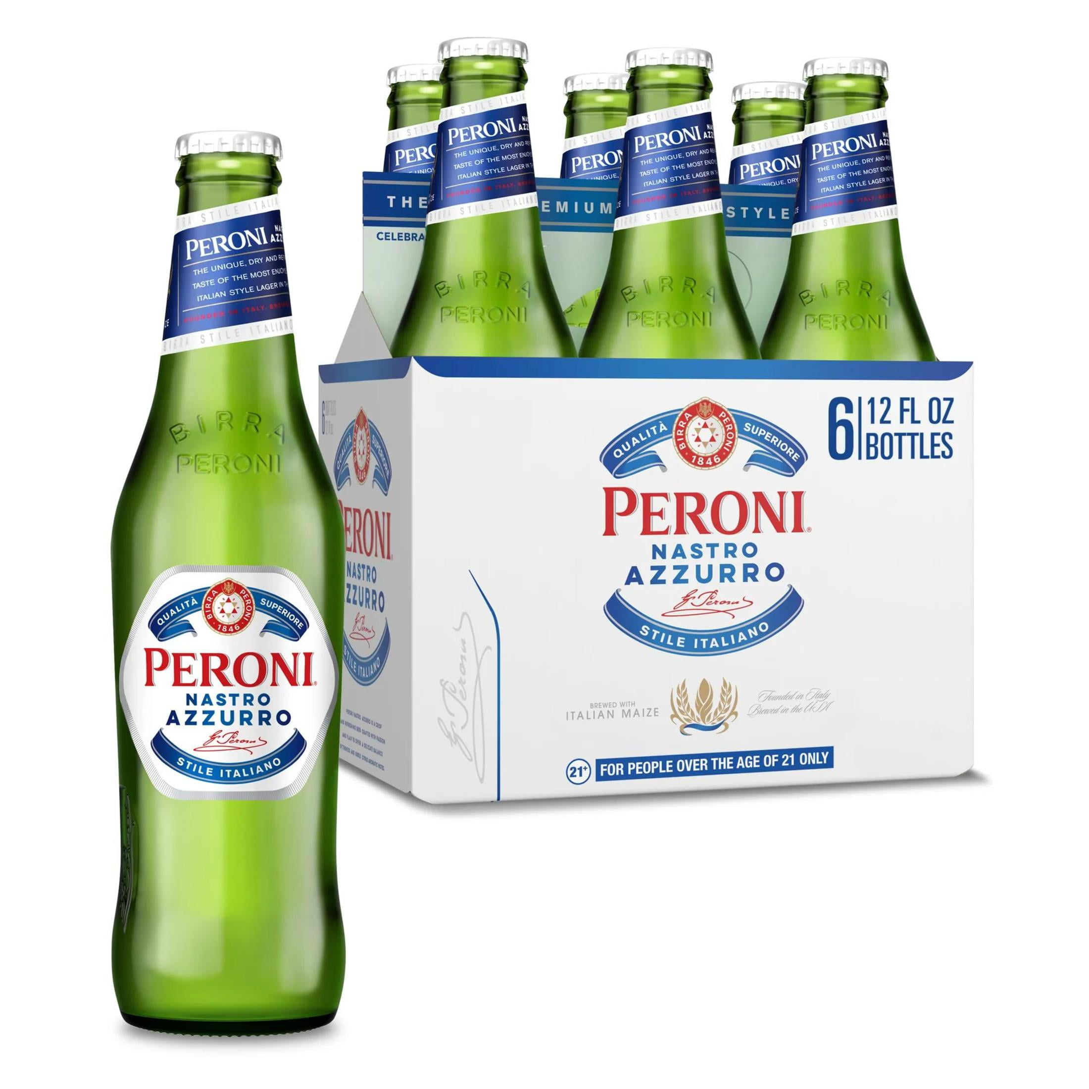 Peroni Nastro Azzurro Italian-Style Lager Beer, 6 Pack, 12 fl oz Glass Bottles, 5.0% ABV