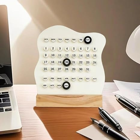 Perpetual Block Calendar with Date Marker, 6.69 Inch Wooden Black and White Desktop Calendar for Desk Home Room Office Decor (White)