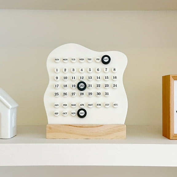Perpetual Calendar with Month Date Display, Handmade DIY Desk Calendar, Wooden Circle Desktop Decor for Home & Office, Digital Calendar Decor for Birthday (White)