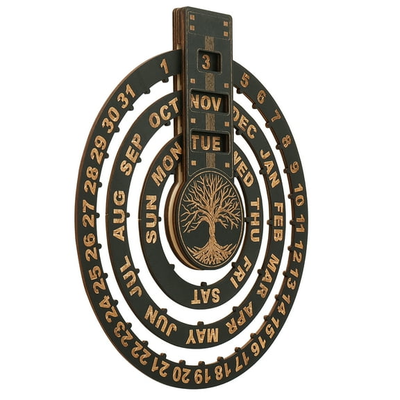 Perpetual Calendar Wooden Rotating Circular Perpetual Calendar, Keep Track of Dates, Days, and Months - Interactive Design for Mindfulness in Routine - with Circular Dial To Set Dates (tree of Life)