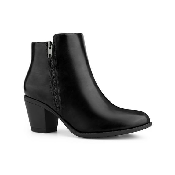 BLISSFUL STEP Women's Ankle Boots Mid Height Chunky Heel Round Toe Two Zipper Booties Black 6.5