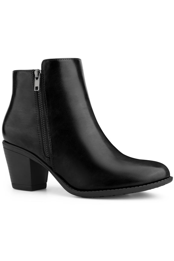 Women's Ankle Boots Mid Height Chunky Heel Round Toe Double Zipper Booties Black 7