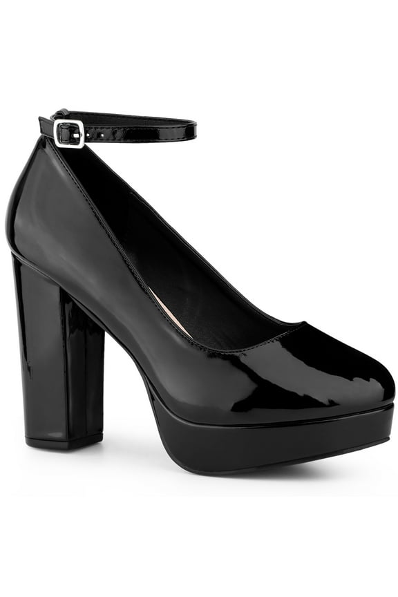 Ankle Strap Chunky Heels Mary Jane Pumps for Women Black 6
