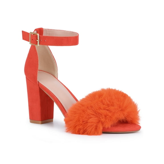 BLISSFUL STEP Ankle Strap Faux Fur Chunky Heel Sandals for Women Orange 8
