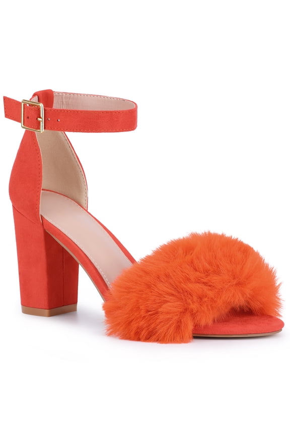 Ankle Strap Faux Fur Chunky Heel Sandals for Women Orange 9