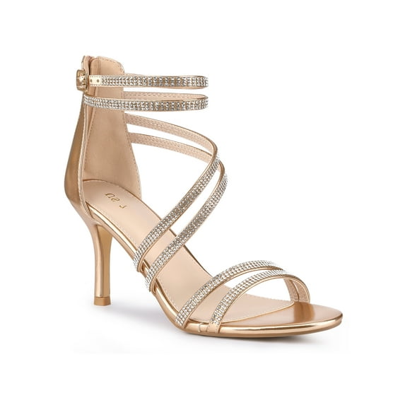 BLISSFUL STEP Ankle Strap Glitter Rhines Stiletto Heels Sandals for Women Rose Gold 6