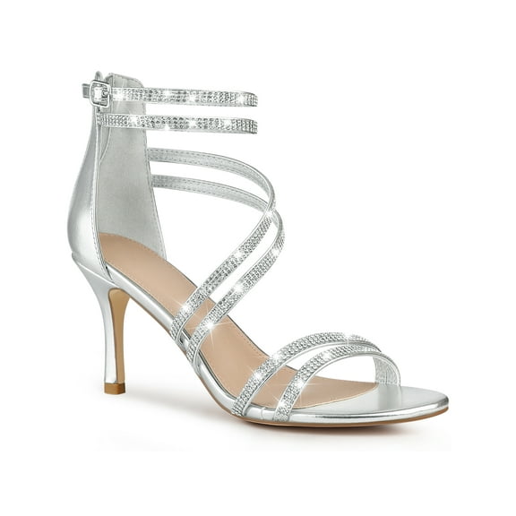 BLISSFUL STEP Ankle Strap Glitter Rhines Stiletto Heels Sandals for Women Silver 7