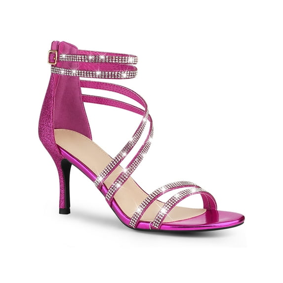 BLISSFUL STEP Ankle Strap Glitter Rhines Stiletto Heels Sandals for Women Fuchsia 9