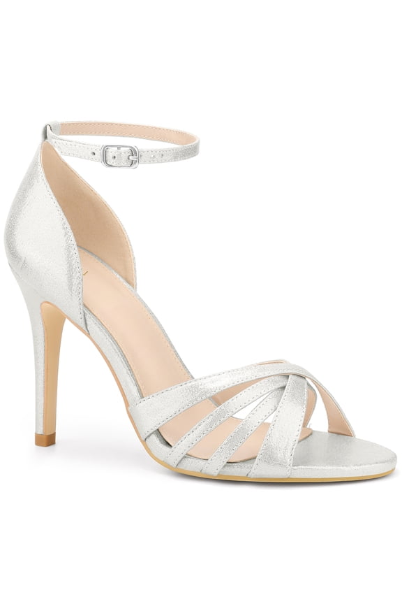 Ankle Strap Open Toe Stiletto High Heels Sandals for Women Silver 8.5