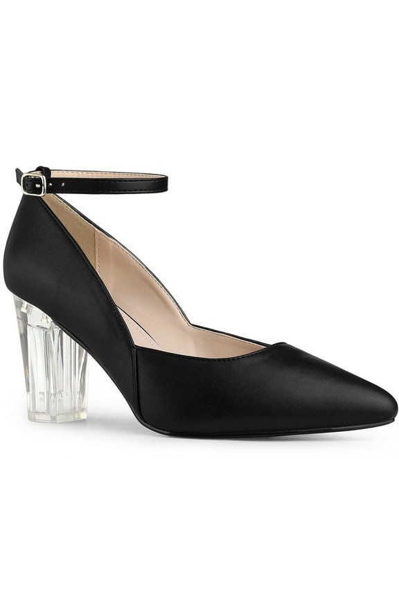 Ankle Strap Pointed Toe Clear Block Heel Pumps for Women Black 10