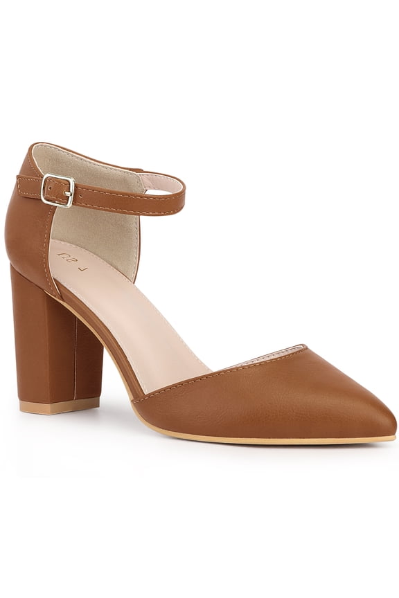 Ankle Strap Pointy Toe Chunky Heel Pumps for Women Brown 7.5