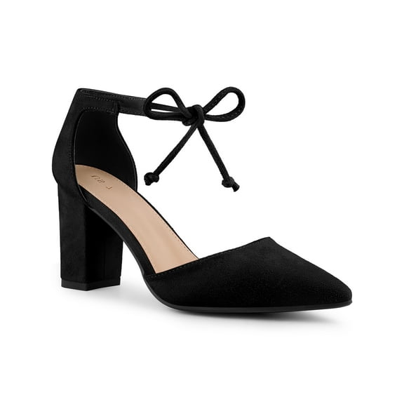 BLISSFUL STEP Ankle Tie Pointed Toe Block Heels Pumps for Women Black (Size 8.5)