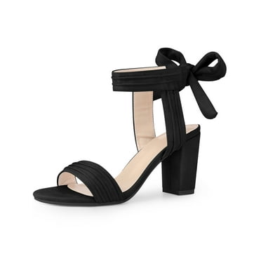 BLISSFUL STEP Back Ankle Tie Open Toe Block Heel Sandals for Women Black (Size 6.5)