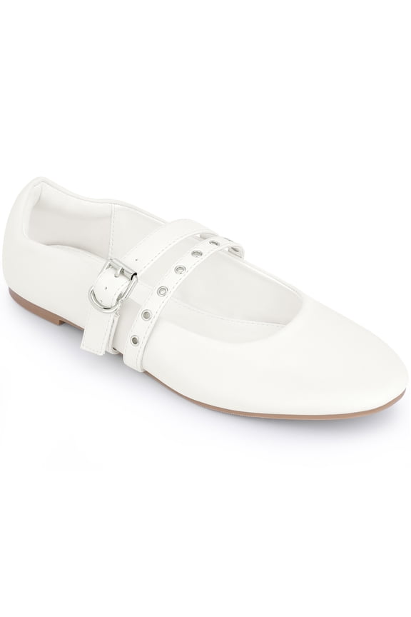 Ballet Flats Round-Toe Adjustable Buckle Mary Jane Pumps for Women White (Size 9..5)