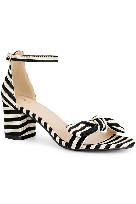 Bow Ankle Strap Stripe Block Heel Sandals for Women Black (Size 10)