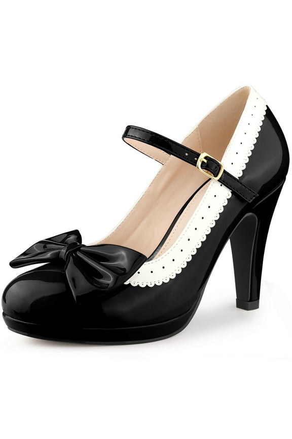 Women's Mary Jane Pumps Ankle Strap Bow Decor Closed Toe Stiletto Heels Black 6